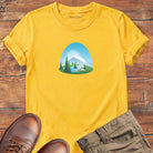 Mountain landscape with forest silhouettes in green tones on yellow t-shirt for mountain home wilderness haven nature soul