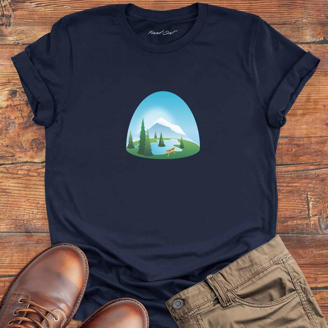 Mountain landscape with forest silhouettes in green tones on navy t-shirt for mountain home wilderness haven nature soul