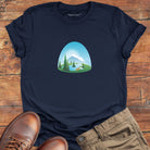 Mountain landscape with forest silhouettes in green tones on navy t-shirt for mountain home wilderness haven nature soul