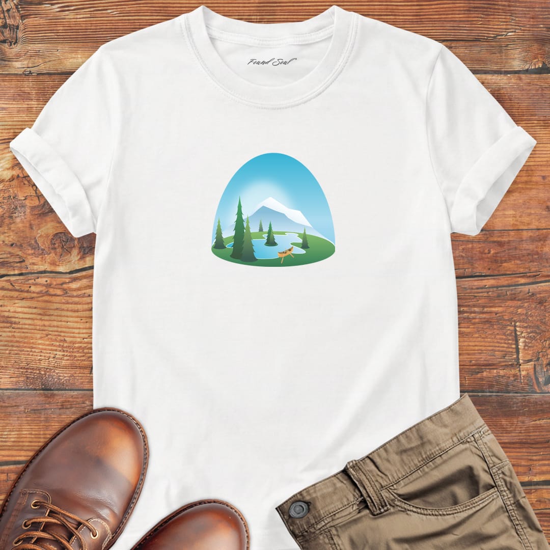 Mountain landscape with forest silhouettes in green tones on white t-shirt for mountain home wilderness haven nature soul