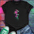 Glowing pink, purple, and green mushroom cluster black t-shirt for hidden networks and underground connection.