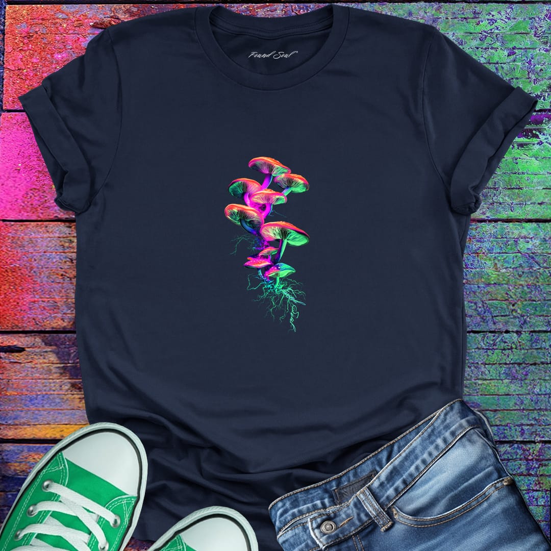 Glowing pink, purple, and green mushroom cluster navy t-shirt for hidden networks and underground connection.