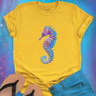Purple and blue seahorse yellow t-shirt for gentle strength and ocean grace.