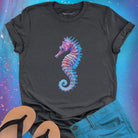 Purple and blue seahorse dark grey t-shirt for gentle strength and ocean grace.