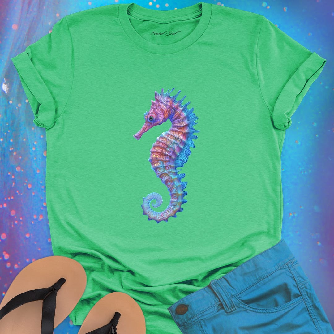 Purple and blue seahorse green t-shirt for gentle strength and ocean grace.