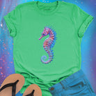 Purple and blue seahorse green t-shirt for gentle strength and ocean grace.