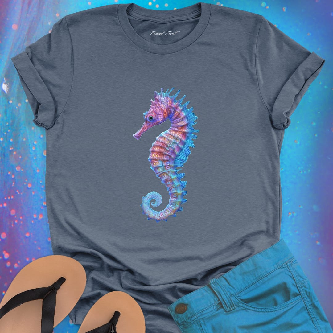 Purple and blue seahorse grey t-shirt for gentle strength and ocean grace.