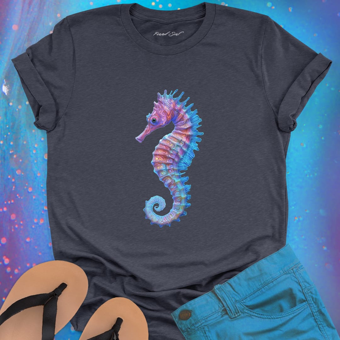 Purple and blue seahorse grey t-shirt for gentle strength and ocean grace.