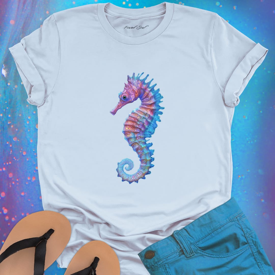 Purple and blue seahorse light blue t-shirt for gentle strength and ocean grace.