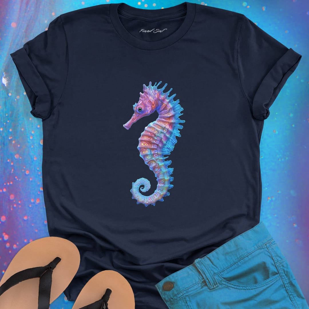 Purple and blue seahorse navy t-shirt for gentle strength and ocean grace.