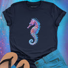Purple and blue seahorse navy t-shirt for gentle strength and ocean grace.