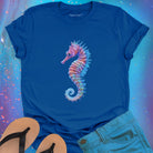 Purple and blue seahorse blue t-shirt for gentle strength and ocean grace.