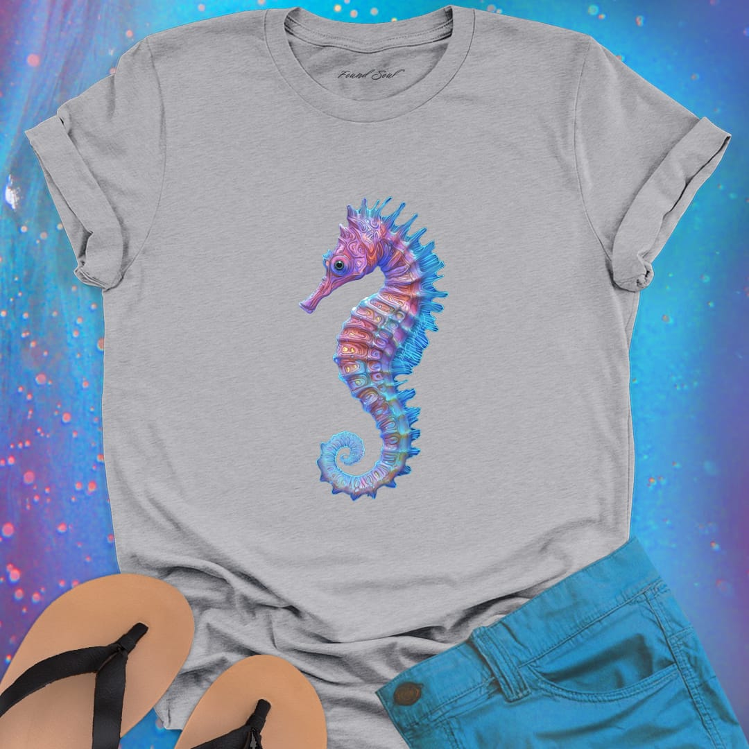 Purple and blue seahorse light grey t-shirt for gentle strength and ocean grace.