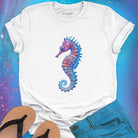 Purple and blue seahorse white t-shirt for gentle strength and ocean grace.