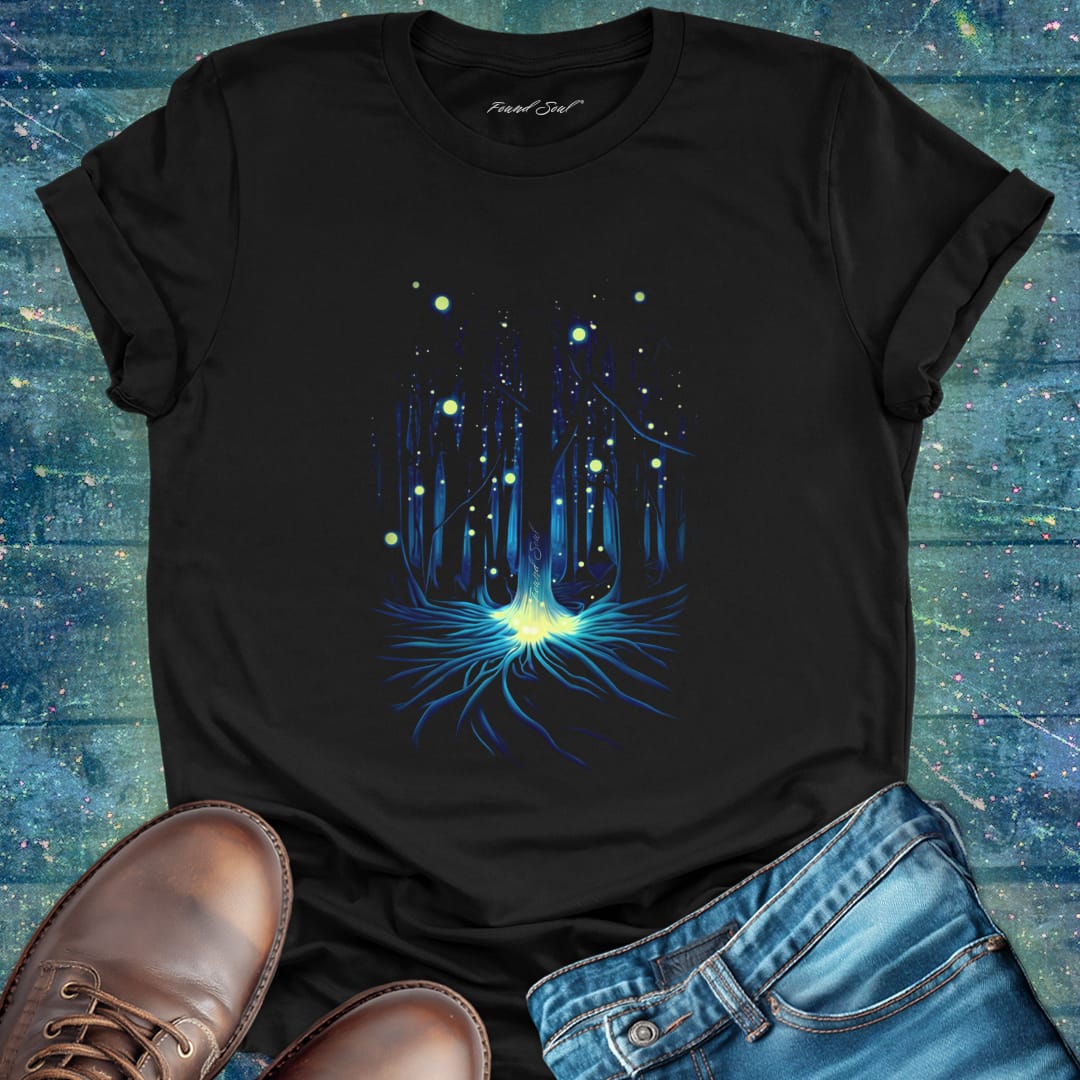 Fireflies glowing in wooded forest grove black t-shirt for night magic and awe of nature.