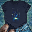 Fireflies glowing in wooded forest grove navy t-shirt for night magic and awe of nature.