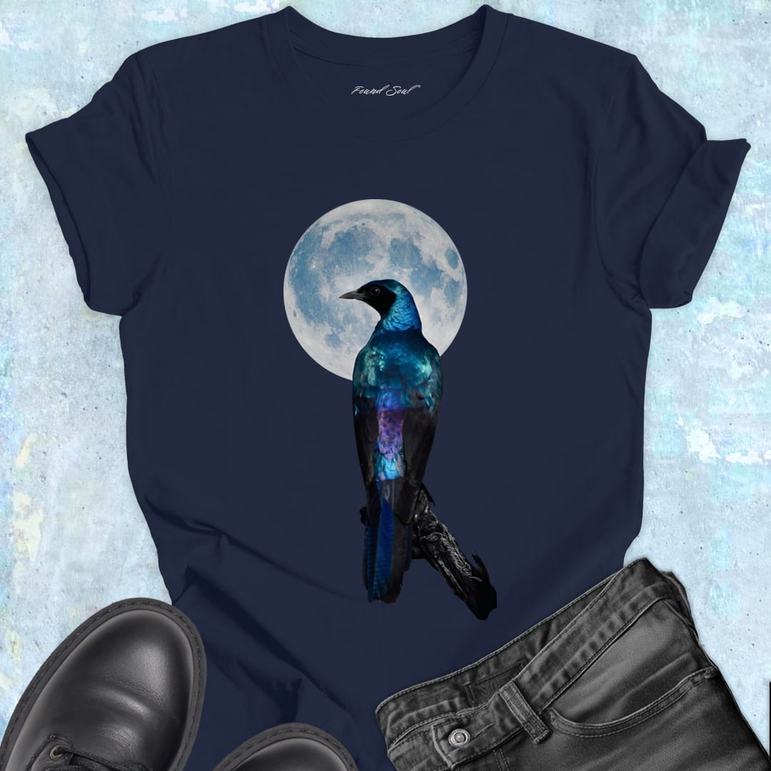 Raven in front of full moon on navy t-shirt for night wisdom