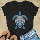Mosaic sea turtle vibrant patterns black t-shirt for patience and sacred journeys.