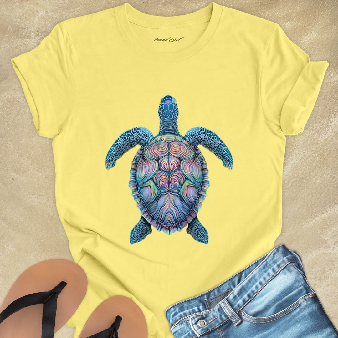 Mosaic sea turtle vibrant patterns yellow t-shirt for patience and sacred journeys.
