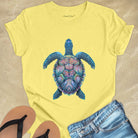 Mosaic sea turtle vibrant patterns yellow t-shirt for patience and sacred journeys.