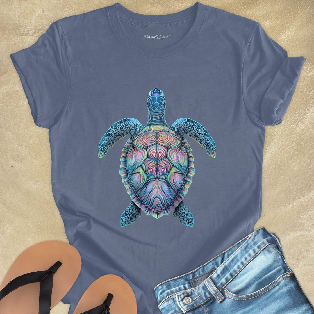 Mosaic sea turtle vibrant patterns grey t-shirt for patience and sacred journeys.
