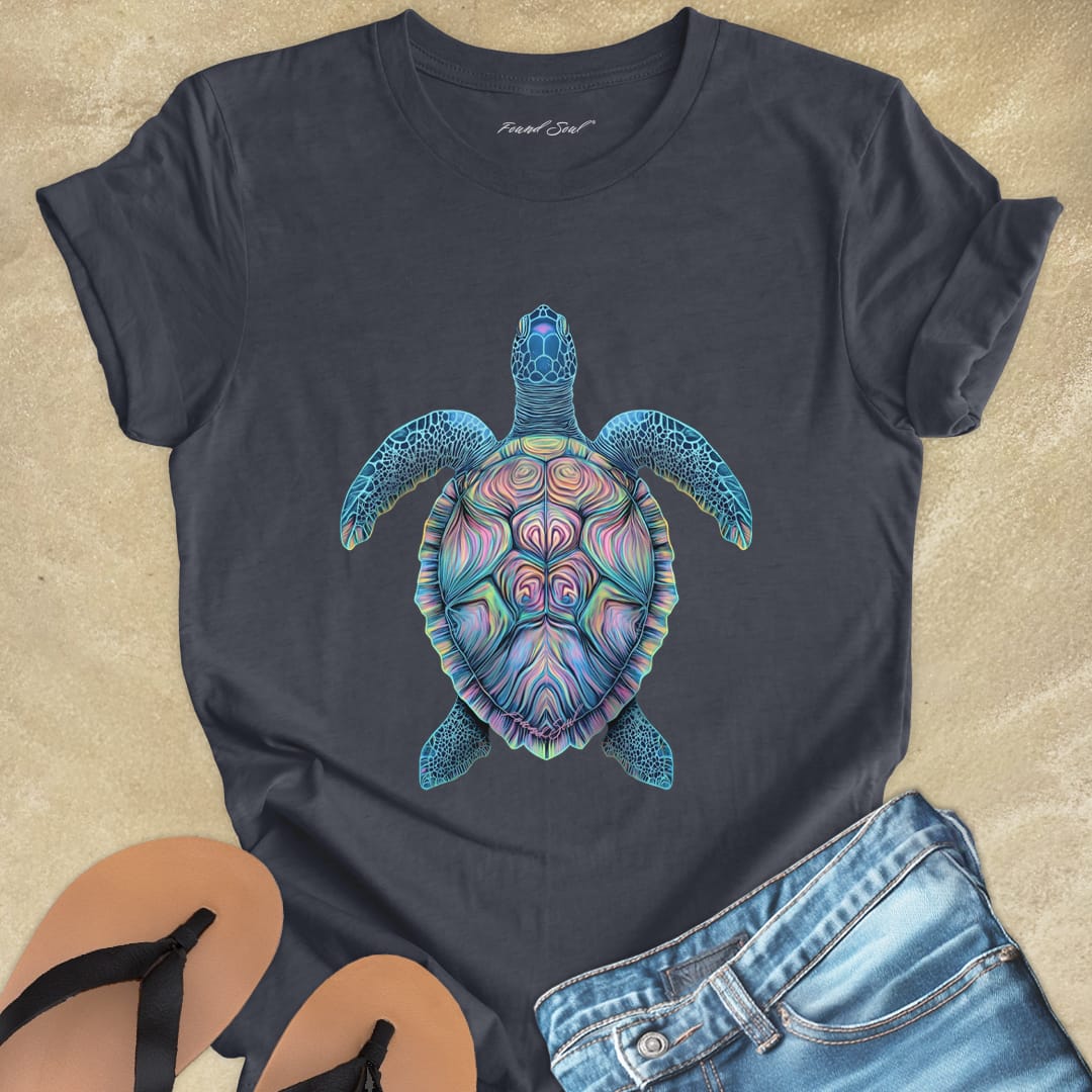 Mosaic sea turtle vibrant patterns grey t-shirt for patience and sacred journeys.