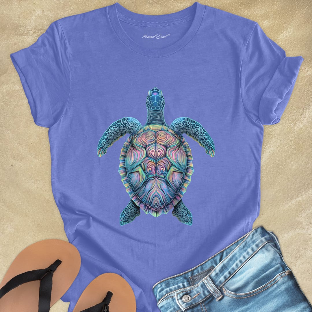Mosaic sea turtle vibrant patterns purple t-shirt for patience and sacred journeys.