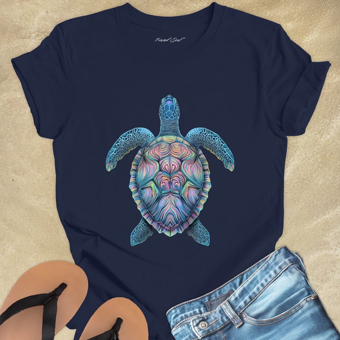Mosaic sea turtle vibrant patterns navy t-shirt for patience and sacred journeys.