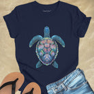 Mosaic sea turtle vibrant patterns navy t-shirt for patience and sacred journeys.