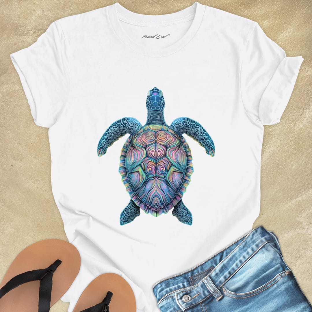 Mosaic sea turtle vibrant patterns white t-shirt for patience and sacred journeys.