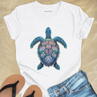 Mosaic sea turtle vibrant patterns white t-shirt for patience and sacred journeys.