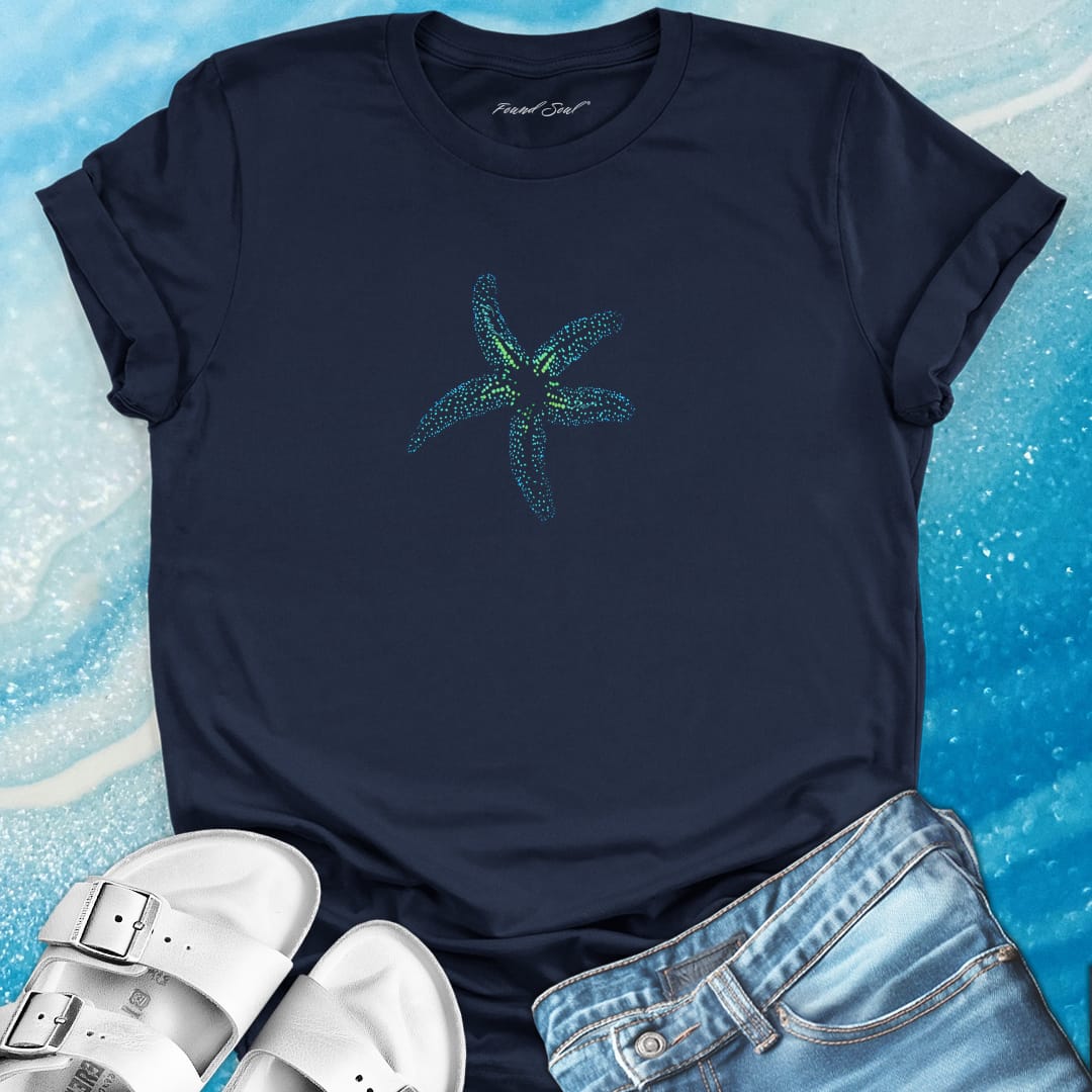 Bioluminescent starfish navy t-shirt for ocean hidden beauty.