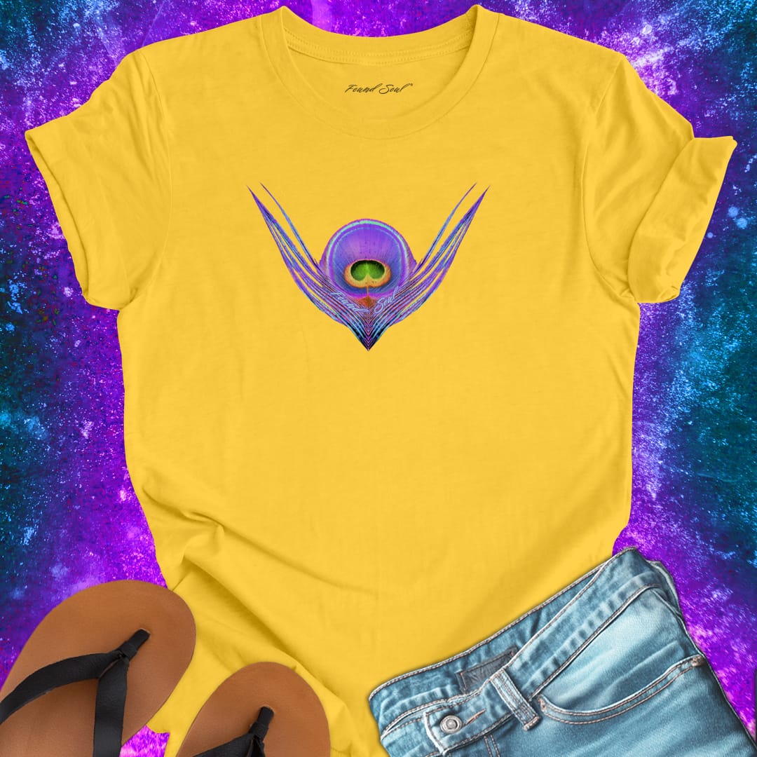 Vibrant peacock feather eye yellow t-shirt for oracle wisdom sign reading intuitive trust spiritual message