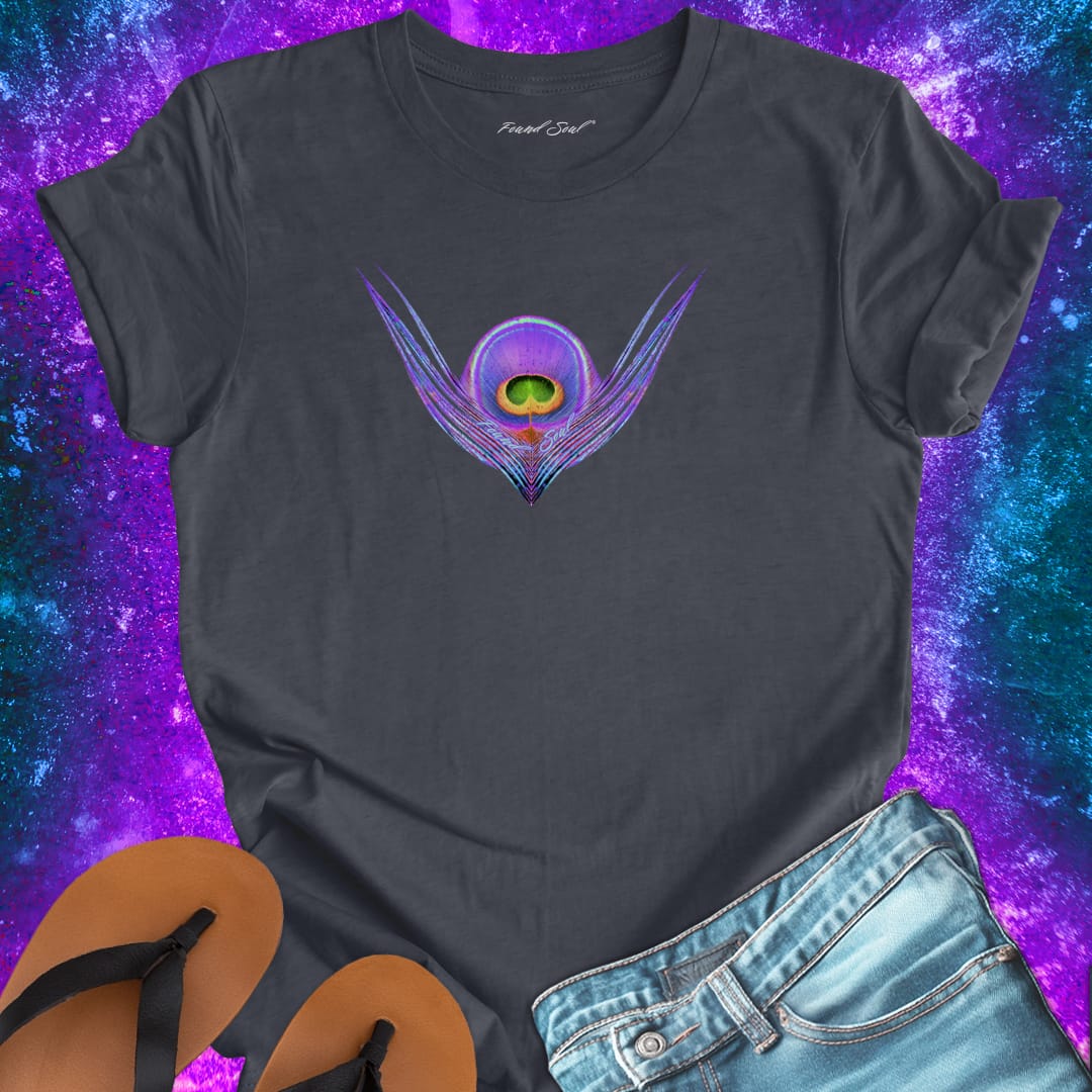 Vibrant peacock feather eye grey t-shirt for oracle wisdom sign reading intuitive trust spiritual message