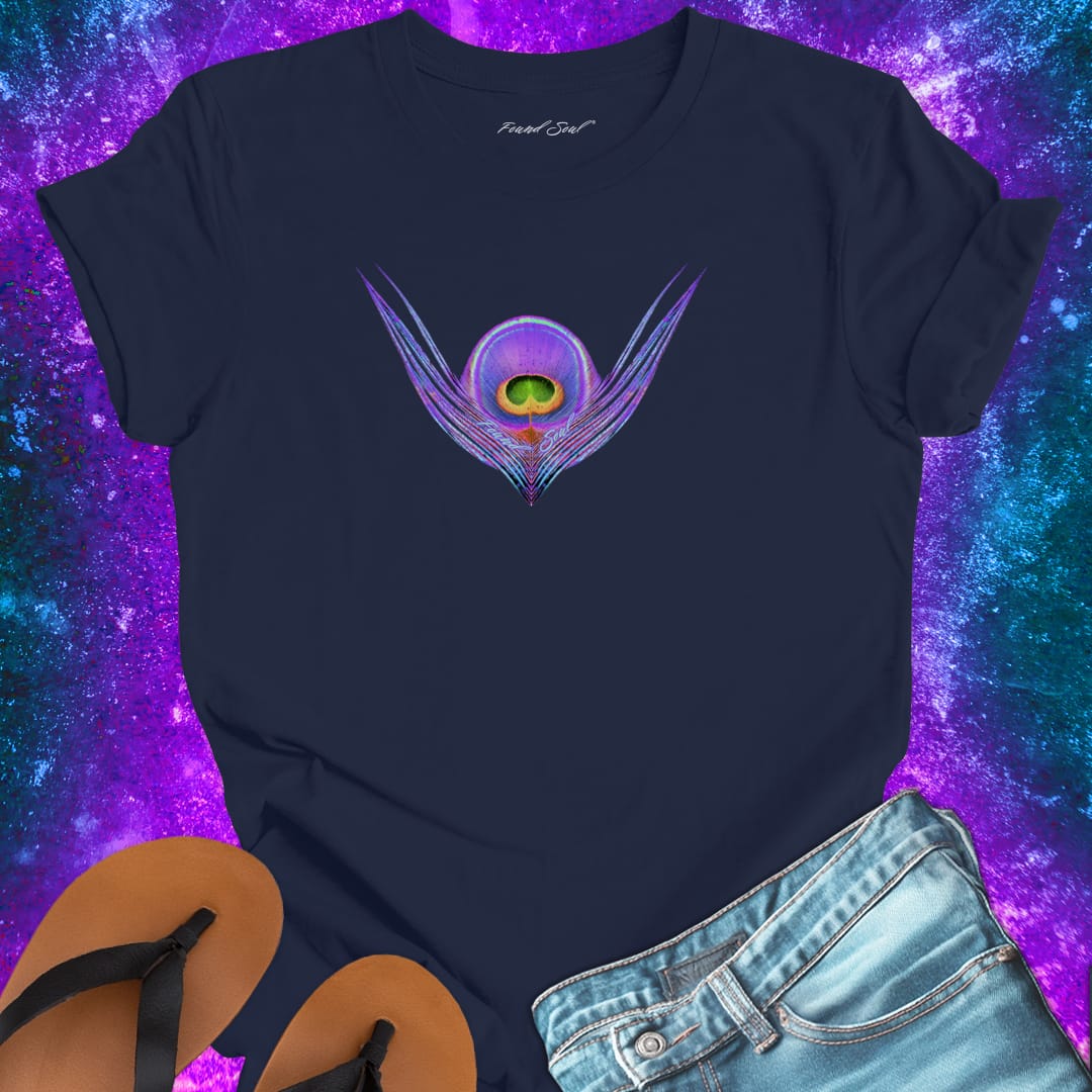 Vibrant peacock feather eye navy t-shirt for oracle wisdom sign reading intuitive trust spiritual message