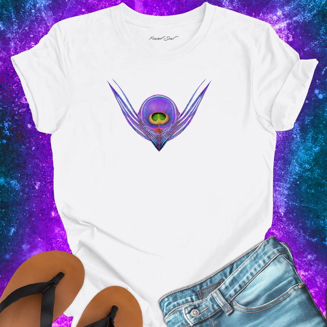 Vibrant peacock feather eye white t-shirt for oracle wisdom sign reading intuitive trust spiritual message