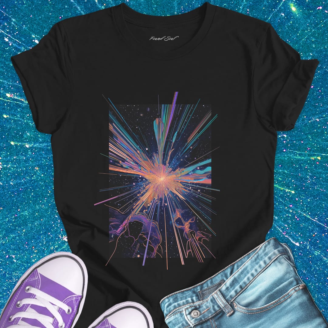 Cosmic explosion black t-shirt for stardust creation and transformation.