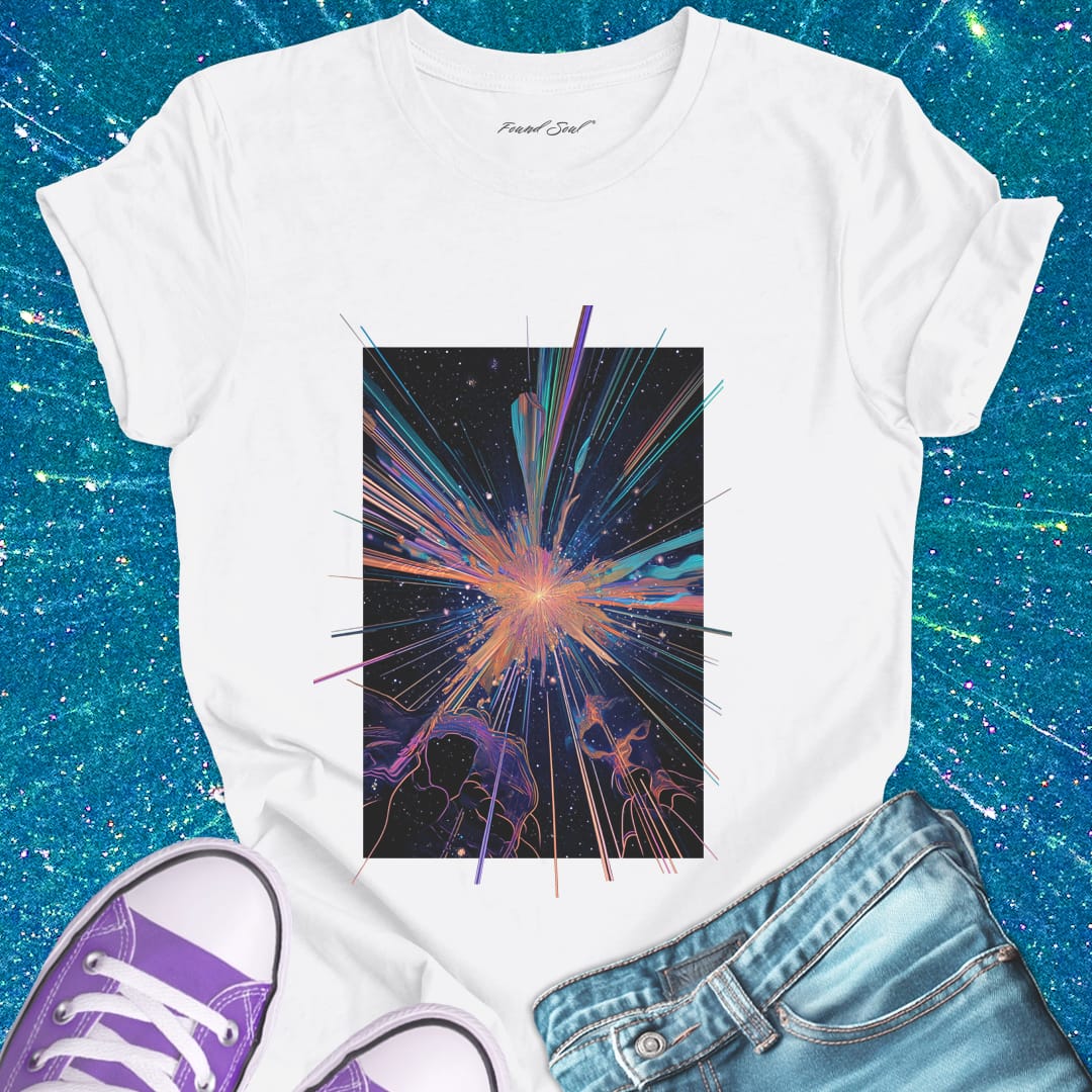 Cosmic explosion white t-shirt for stardust creation and transformation.