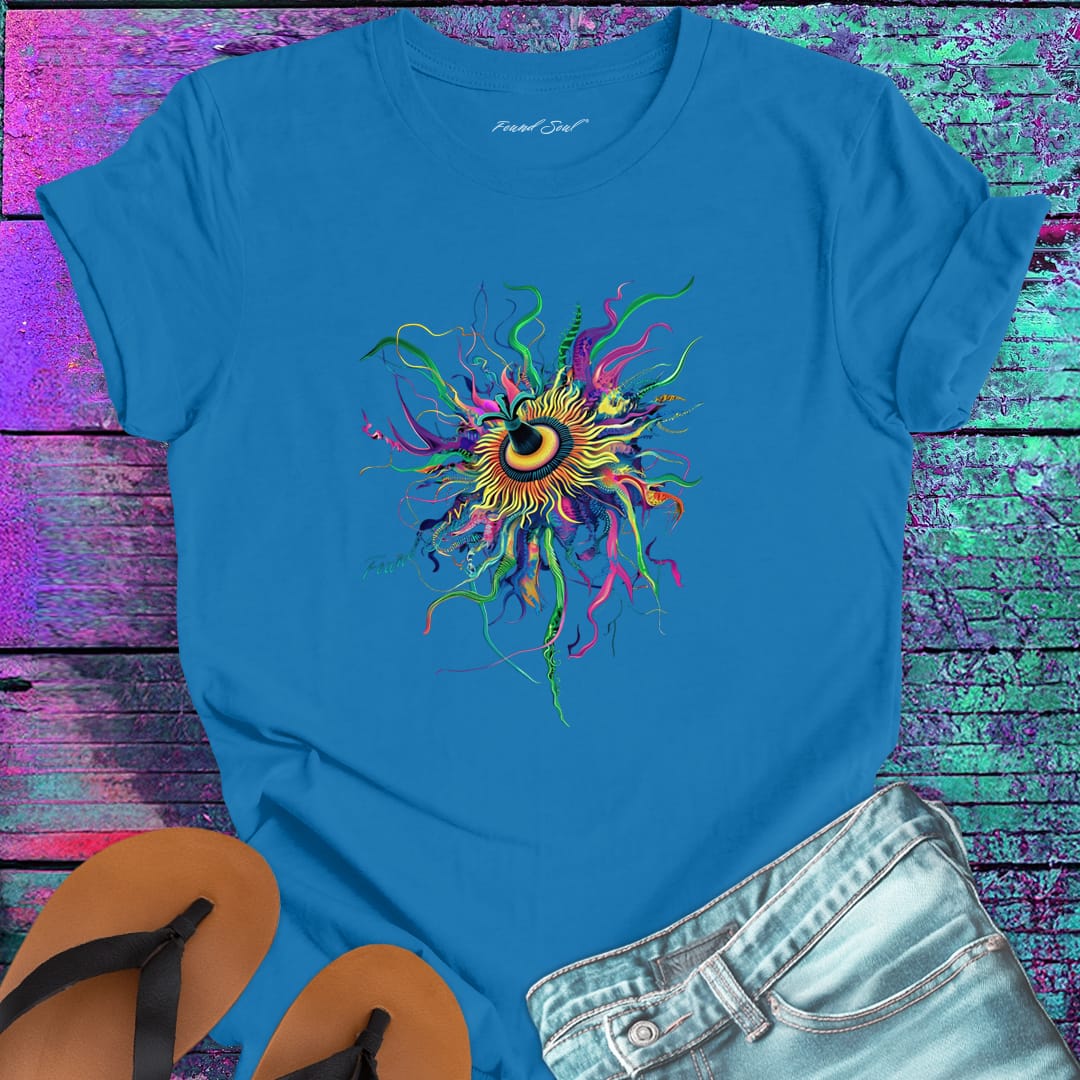 Vibrant cosmic passion flower with radiating filaments and golden center blue t-shirt for passion blooming complexity beauty structure spiritual radiance