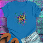 Vibrant cosmic passion flower with radiating filaments and golden center blue t-shirt for passion blooming complexity beauty structure spiritual radiance