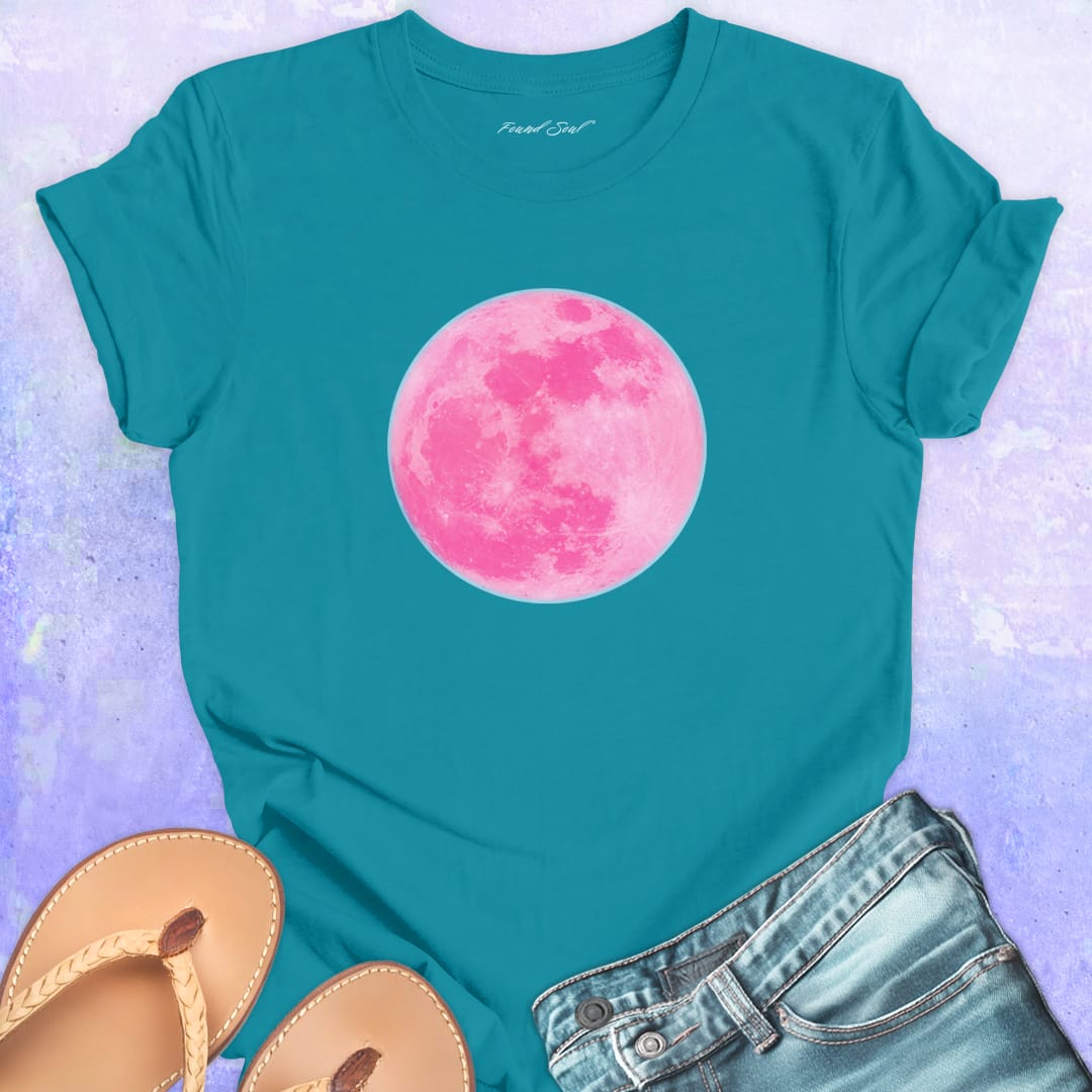 Pink moon turquoise t-shirt for lunar cycles and moon gazers.