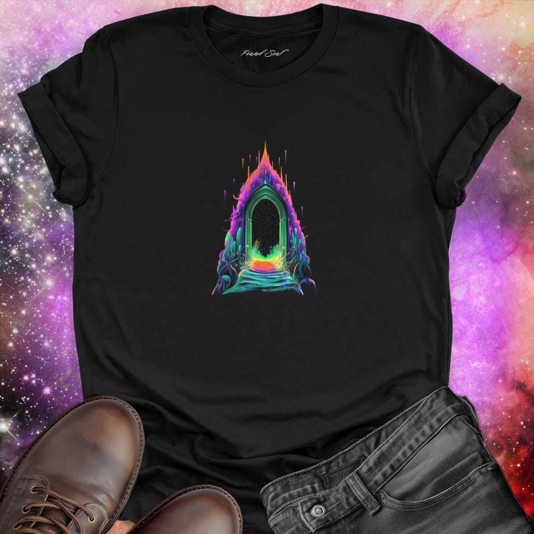 Portal gateway black t-shirt for new beginnings.
