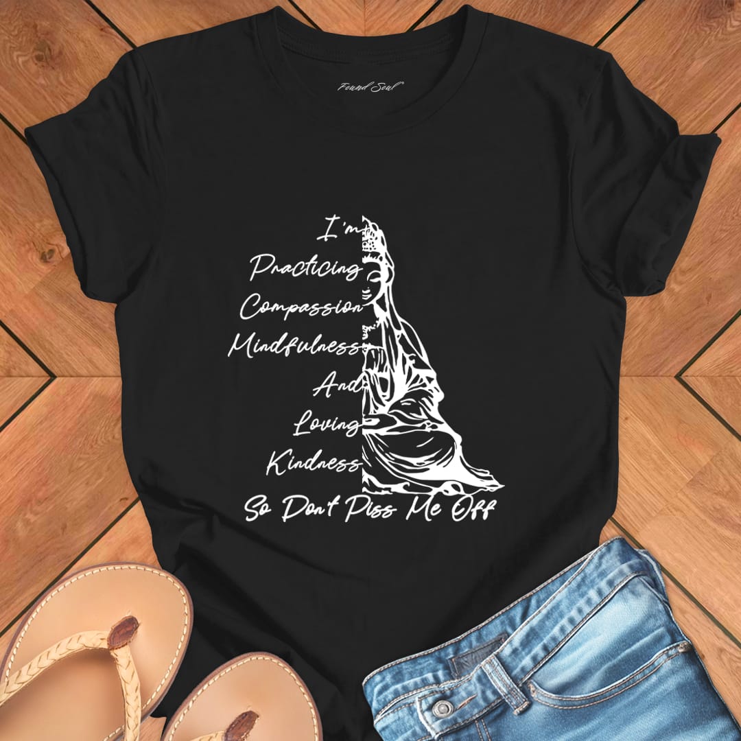 Guanyin goddess meditation black t-shirt with compassion and boundaries message.