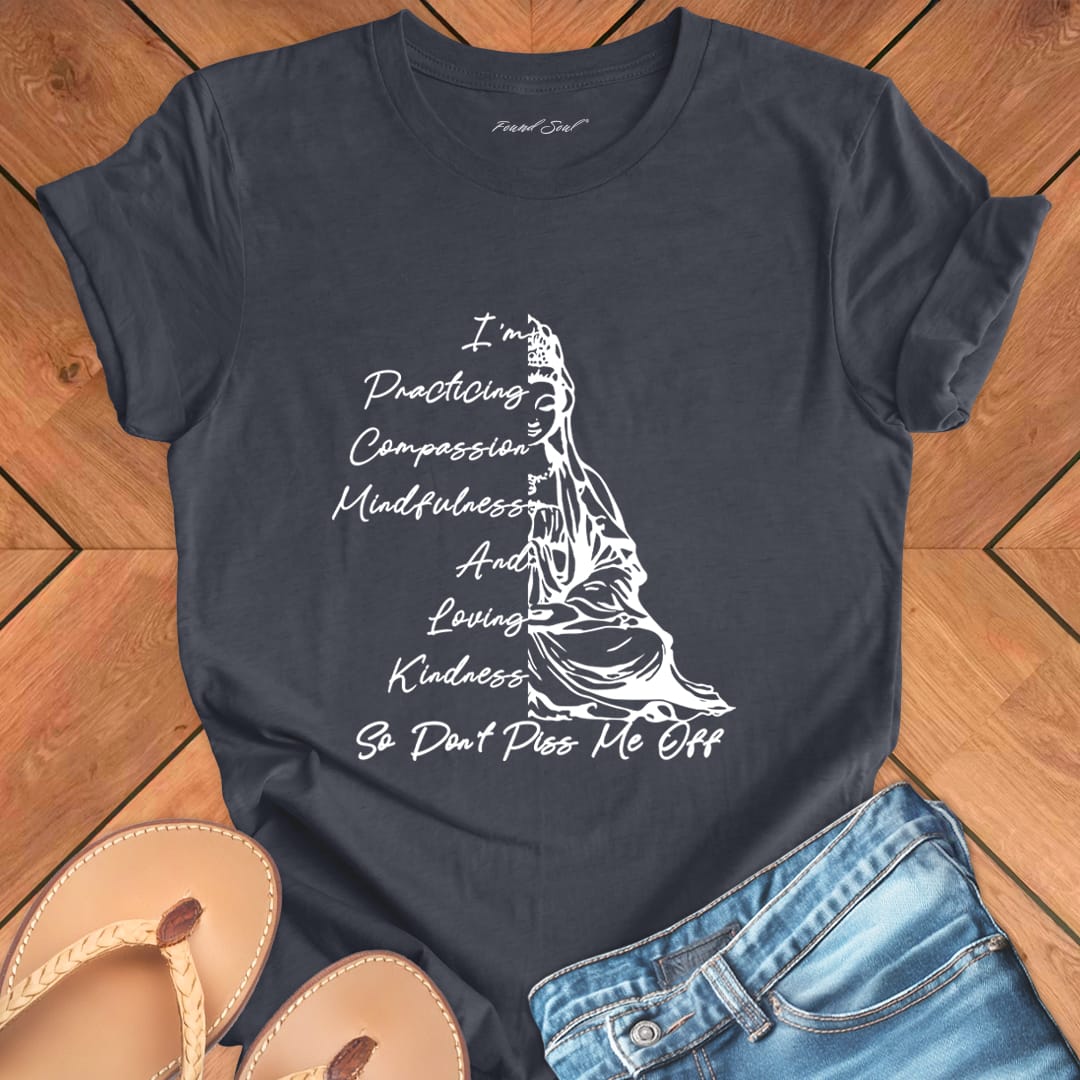 Guanyin goddess meditation grey t-shirt with compassion and boundaries message.