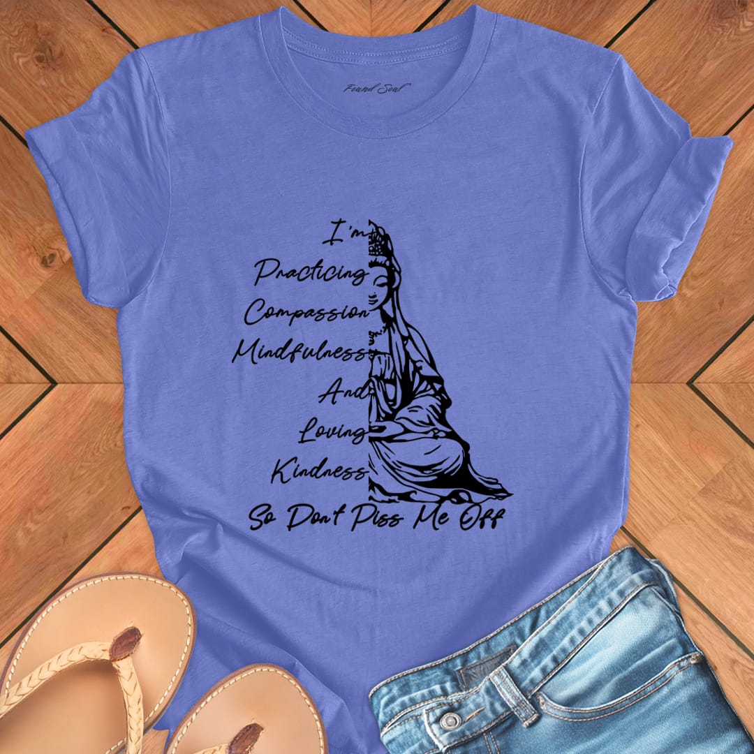 Guanyin goddess meditation purple t-shirt with compassion and boundaries message.