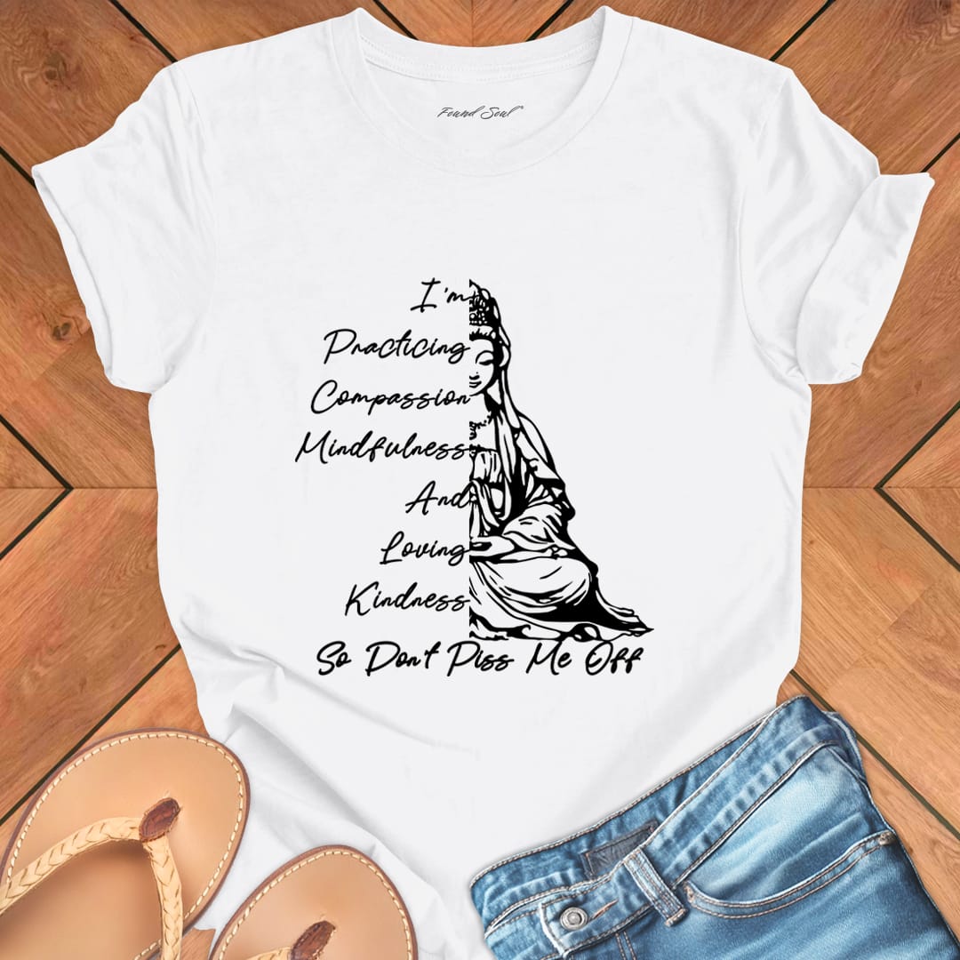 Guanyin goddess meditation white t-shirt with compassion and boundaries message.
