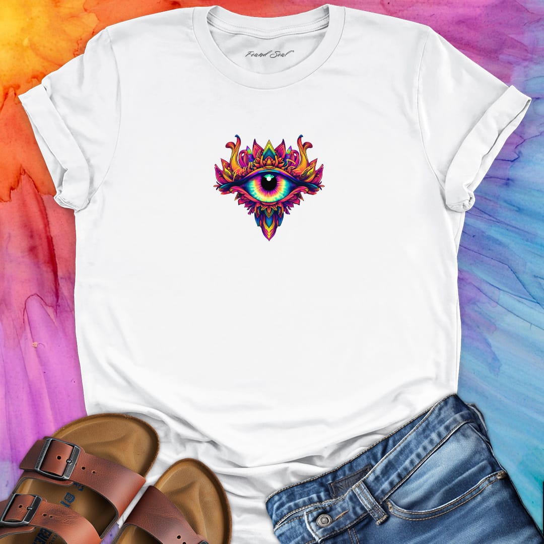 Third eye with vibrant colors white t-shirt for intuition and inner knowing.