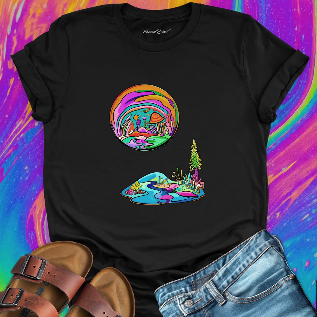Vibrant surreal oasis swirling cosmic sky black t-shirt for refuge spiritual rest weird home