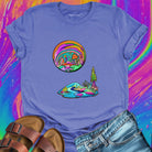 Vibrant surreal oasis swirling cosmic sky purple t-shirt for refuge spiritual rest weird home