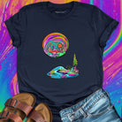 Vibrant surreal oasis swirling cosmic sky navy t-shirt for refuge spiritual rest weird home